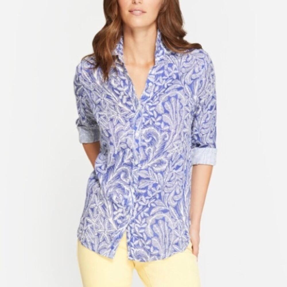 J Mclaughlin 100% Linen Button Up Shirt Britt Blouse Navy Blue White Size Xs